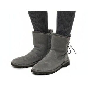 UGG Naiyah Grey Suede Lace Up Back Sheepskin Boots Women’s Size 8 EU 39